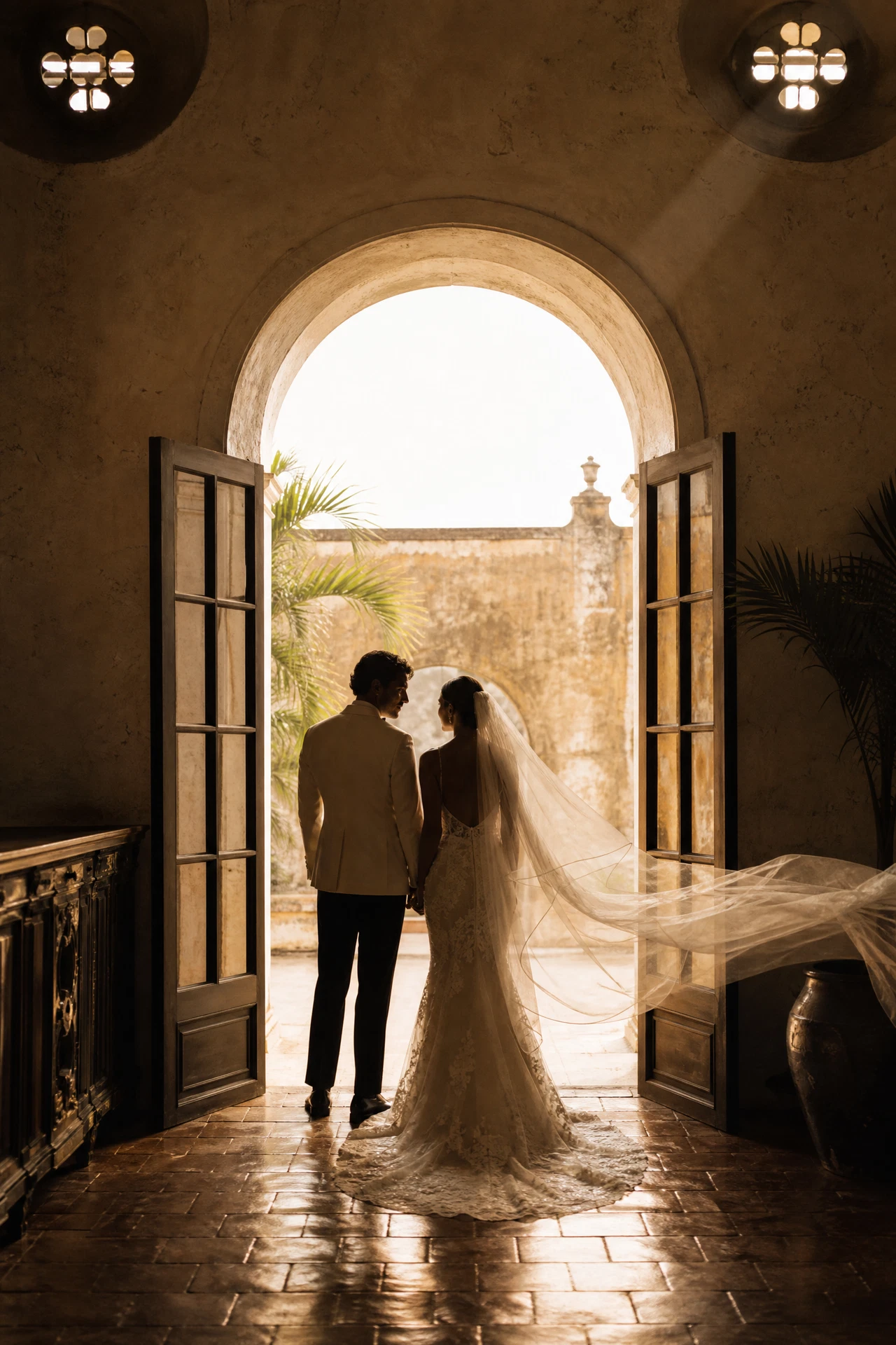 A bride and groom framed by a villa doorway